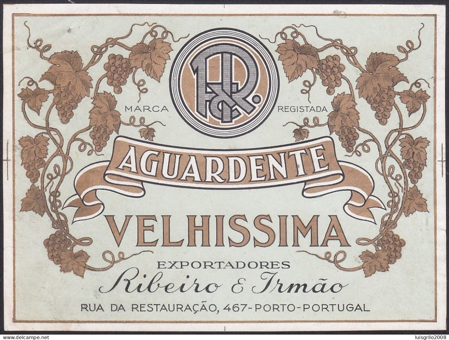 Brandy Label, Portugal - Aguardente VELHISSIMA. Ribeiro & Irmão, Porto - Alcoholes Y Licores