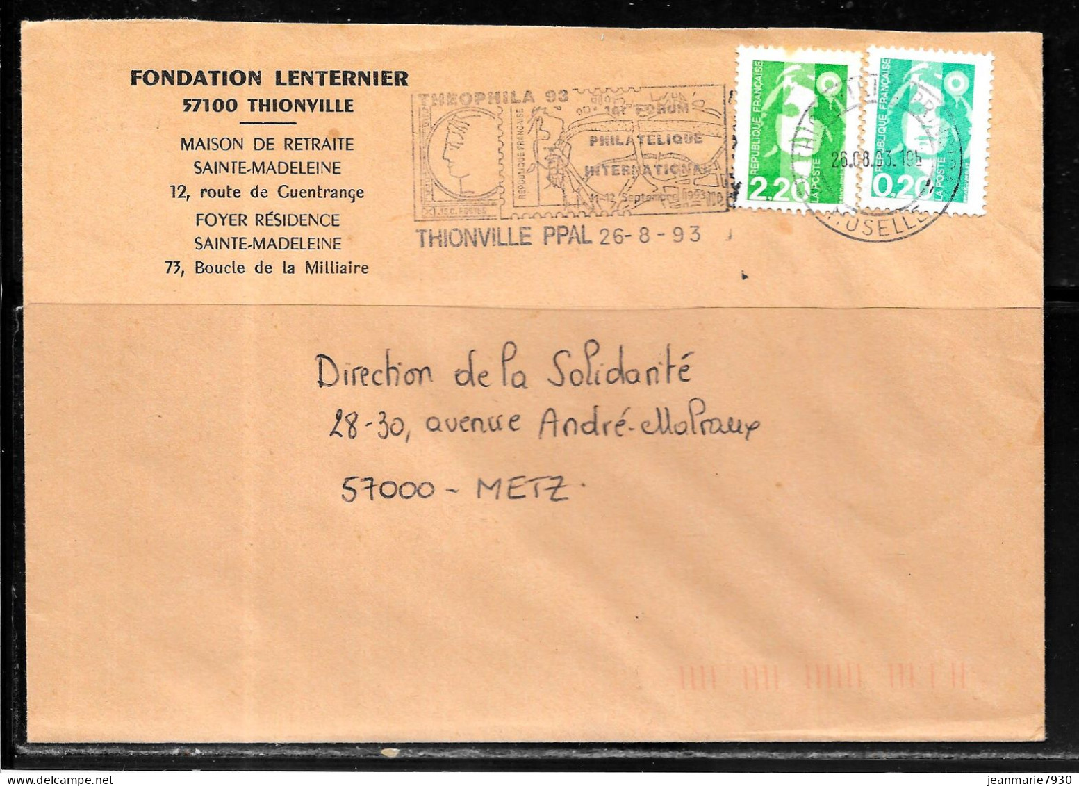 K188 - MARIANNE DE BRIAT SUR LETTRE DE THIONVILLE DU 26/08/93 - FLAMME - FONDATION LENTERNIER - 1961-....