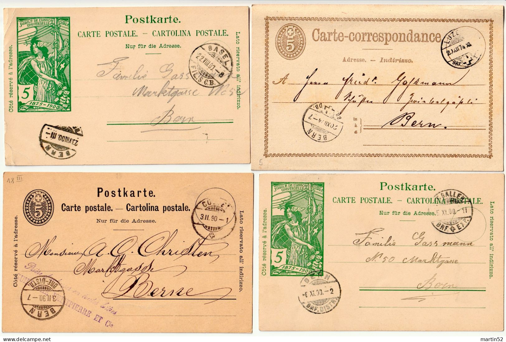 Schweiz Suisse 1874/1900: Carte-correspondance Postkarte & UPU - 4 Karten Mit ⊙ Jeu De 4 Entiers ⊙ / Set Of 4 Cards Used - Entiers Postaux