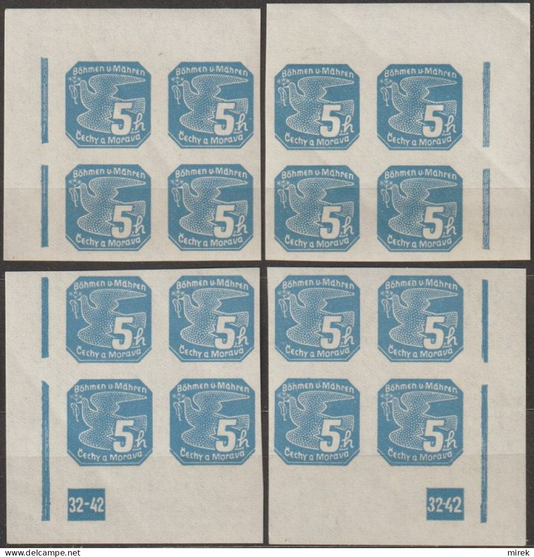 065/ Pof. NV 2, Corner 4-block Miniature, Broken Frame, Plate Number 32-42 - Unused Stamps