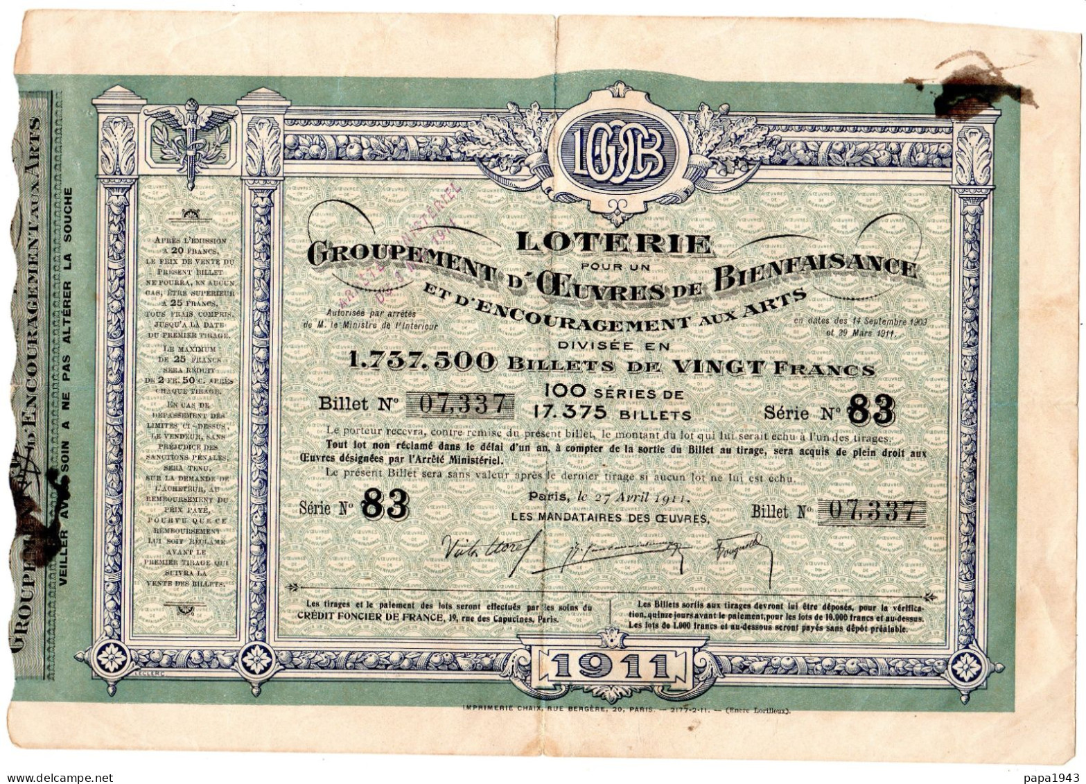 1911  LOTERIE " Groupement D' Oeuvres De Bienfaisance Des Arts "  Billet De Vingt Francs - Lottery Tickets