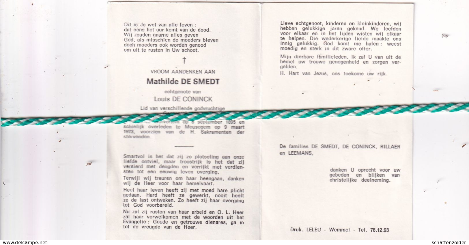 Mathilde De Smedt-De Coninck, Wolvertem 1895, Meusegem 1973 - Obituary Notices