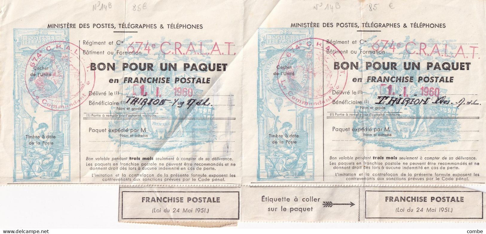 BON POUR UN PAQUET EN FRANCHISE POSTALE (DOUBLE ). 674° CRALAT         /  2 - Timbres De Franchise Militaire