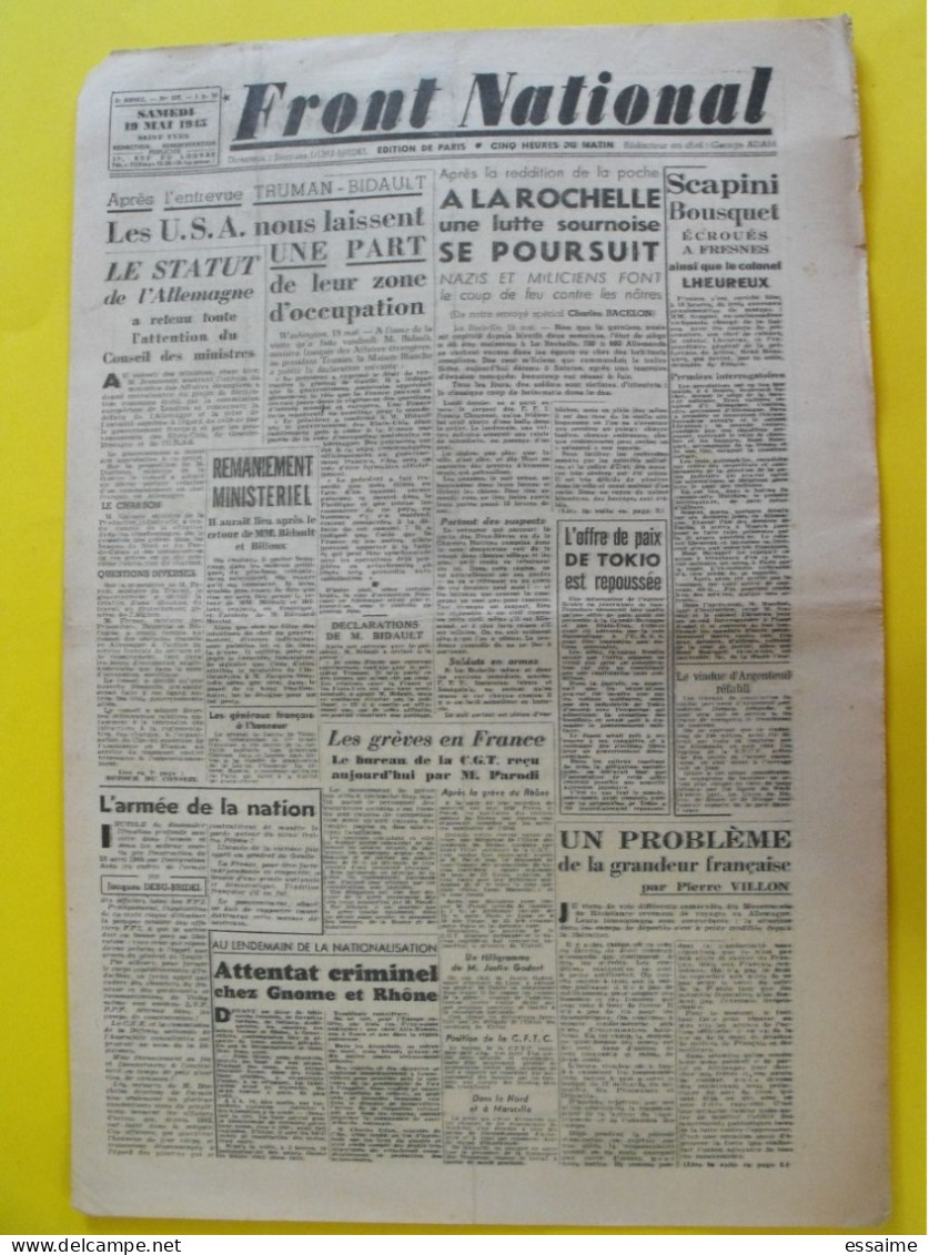 Journal Front National N° 237 Du 19 Mai 1945. La Rochelle Nazis Miliciens épuration Scapini Bousquet Lheureux Japon - Weltkrieg 1939-45