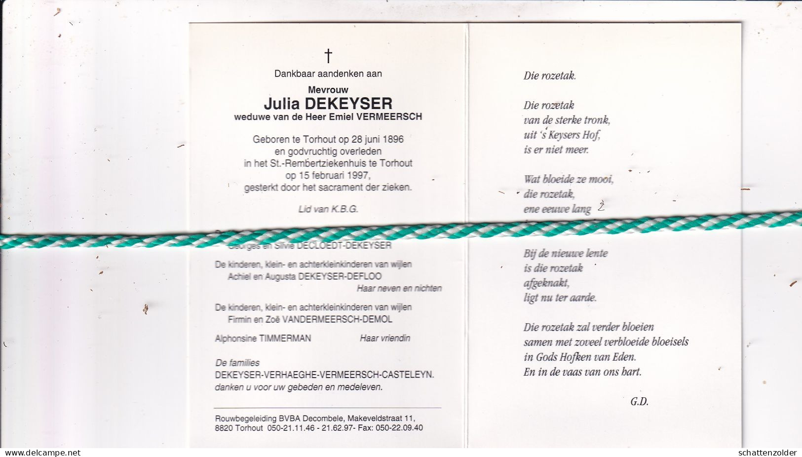 Julia Dekeyser-Vermeersch, Torhout 1896, 1997. Honderdjarige. Foto - Obituary Notices