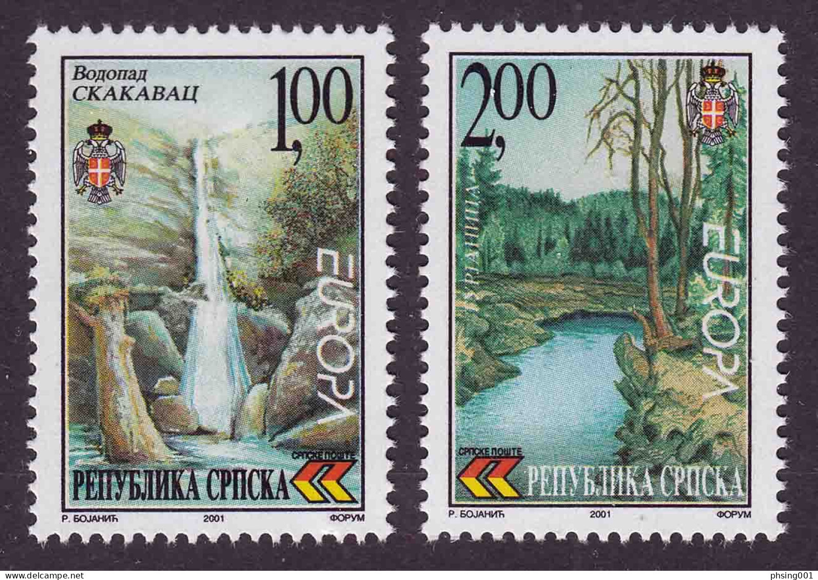 Bosnia Serbia 2001 Europa CEPT Waters Nature Waterfall Tree, Set From Mini Sheet MNH - Bosnie-Herzegovine