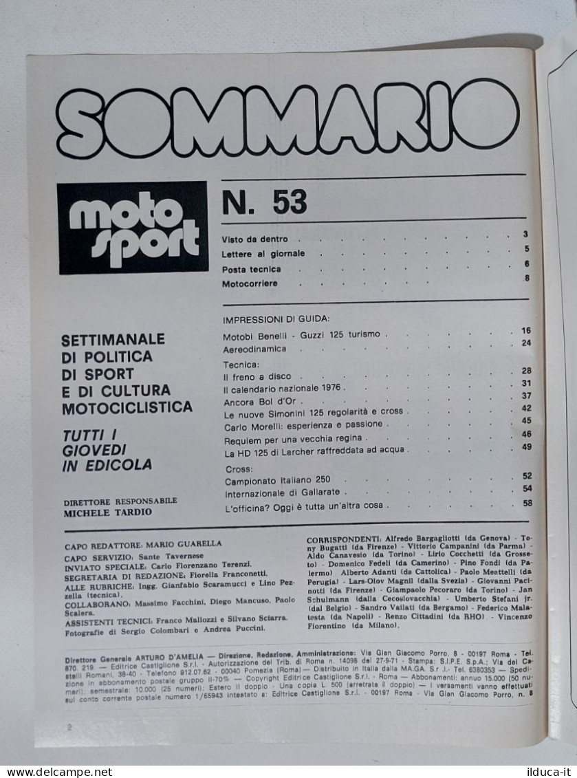 50575 Moto Sport 1975 A. V N. 53 - Motobi Benelli-Guzzi 125 Turismo; Bol D'Or - Motori