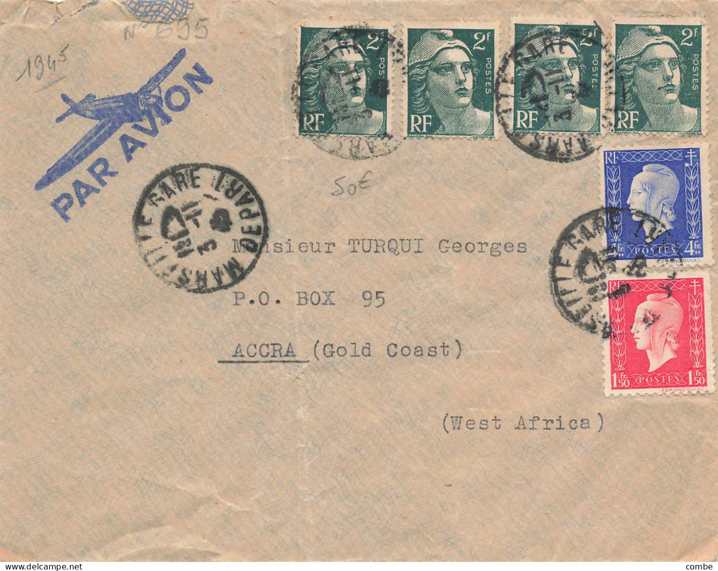 LETTRE. PAR AVION. 3 11 43. MARSEILLE POUR ACCRA. GOLD COAST        /  2 - 1921-1960: Modern Tijdperk