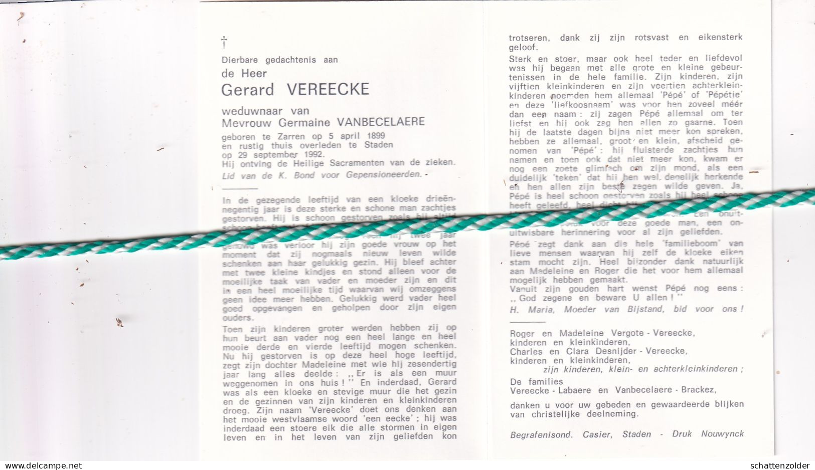 Gerard Vereecke-Vanbecelaere, Zarren 1899, Staden 1992. Foto - Obituary Notices