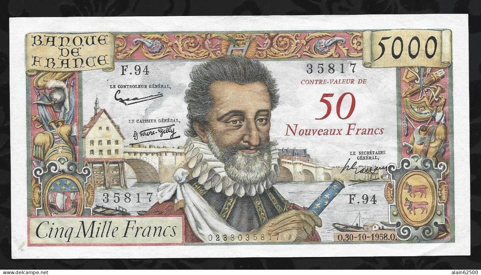 BILLET DE 5000 FRANCS HENRI IV . CONTRE VALEUR DE 50 NOUVEAUX FRANCS . - 1955-1959 Aufdrucke Neue Francs
