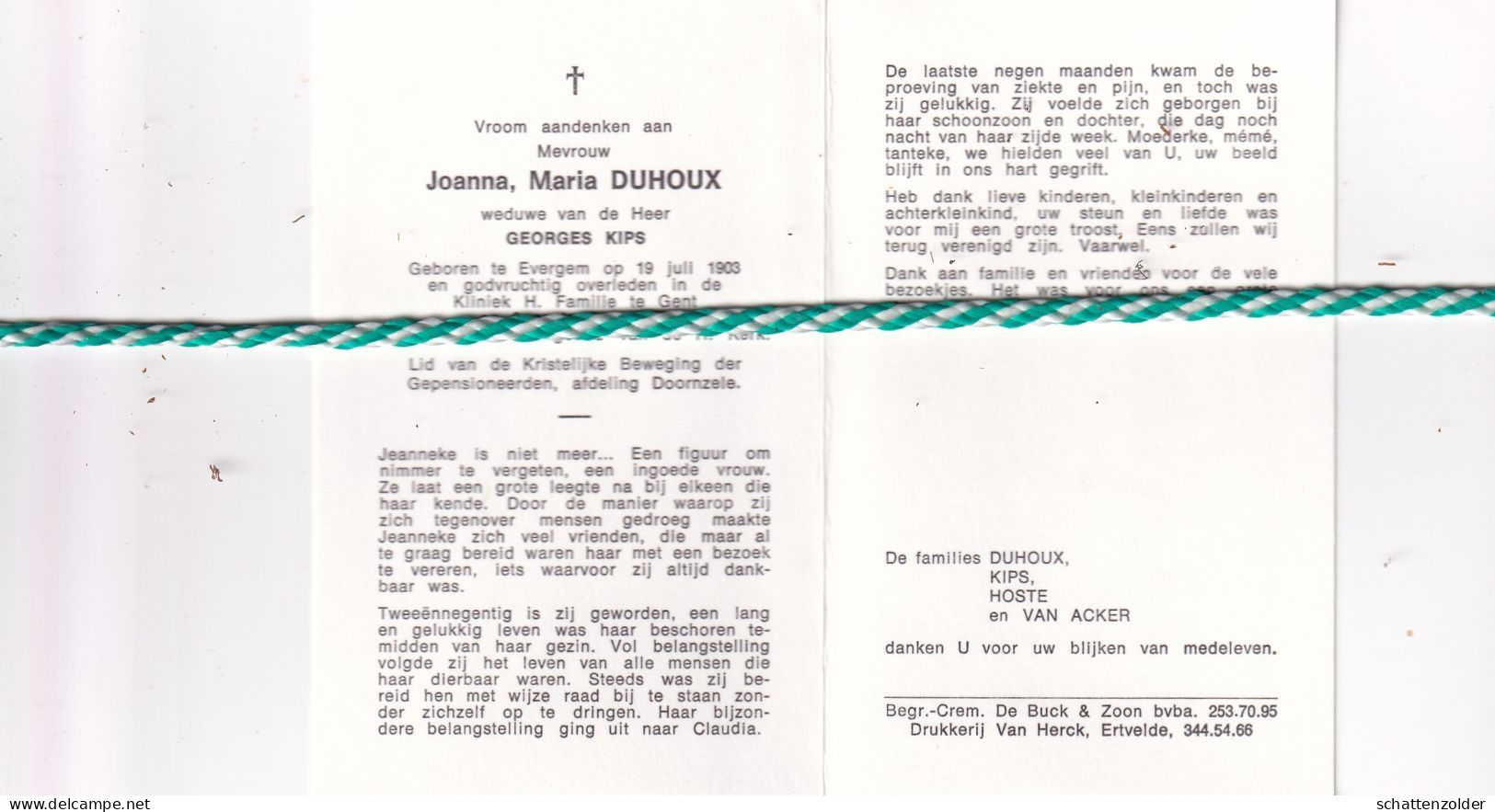 Joanna Maria Duhoux-Kips, Evergem 1903, Gent 1995. Foto - Obituary Notices