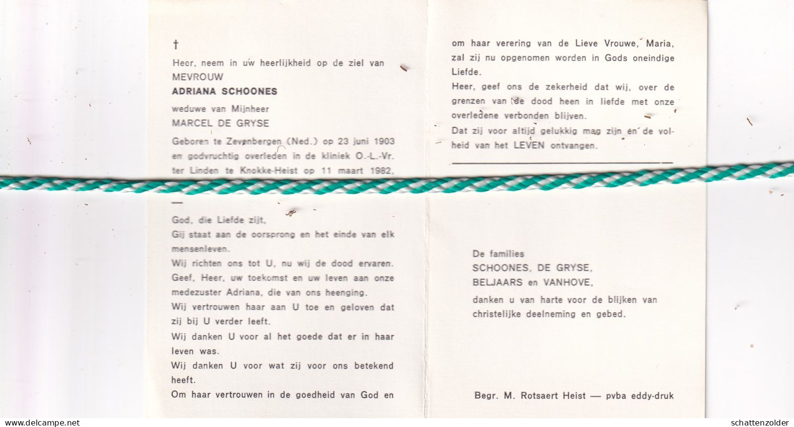 Adriana Schoones-De Gryse, Zevenbergen (Nl) 1903, Knokke-Heist 1982 - Décès