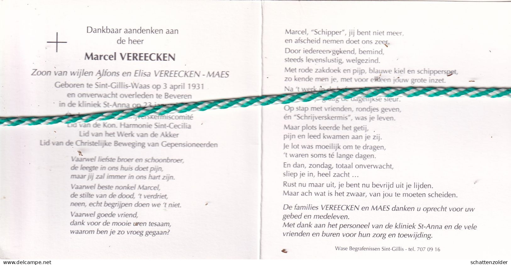 Marcel Vereecken, Sint-Gillis-Waas 1931, Beveren 2000. Foto - Décès