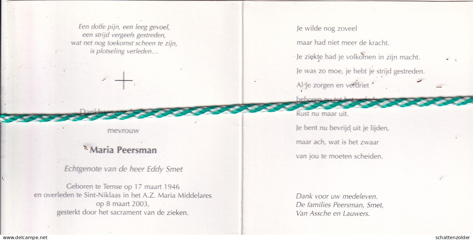 Maria Peersman-Smet, Temse 1946, Sint-Niklaas 2003. Foto - Obituary Notices