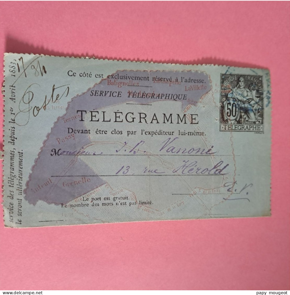 Pneumatique 2528 CLPP 50c. (1883) R Plan De Paris Sans Teinte Violette Cote 2024 9€ - Pneumatic Post