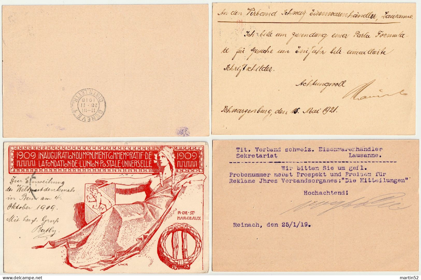 Schweiz Suisse 1909/1921: Postkarte Carte Postale & UPU - 4 Karten Mit ⊙ Jeu De 4 Entiers ⊙ / Set Of 4 Cards Used - Ganzsachen