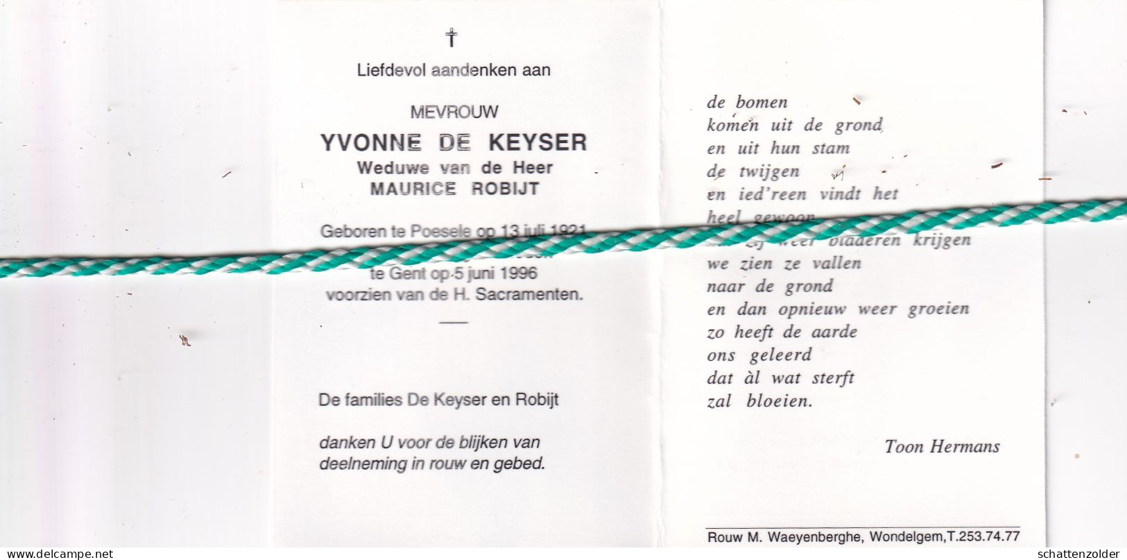 Yvonne De Keyser-Robijt, Poesele 1921, Gent 1996. Foto Dameshoed - Obituary Notices