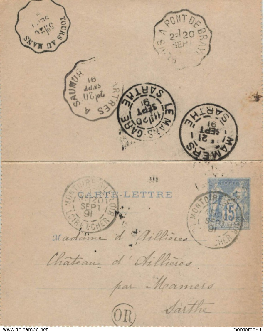 ENTIER SAGE 15C BLEU SUR CARTE LETTRE MONTOIRE SUR LOIR 20/9/1891 CACHET OR POUR CHATEAU D'AILLIERES SARTHE - Standard- Und TSC-AK (vor 1995)