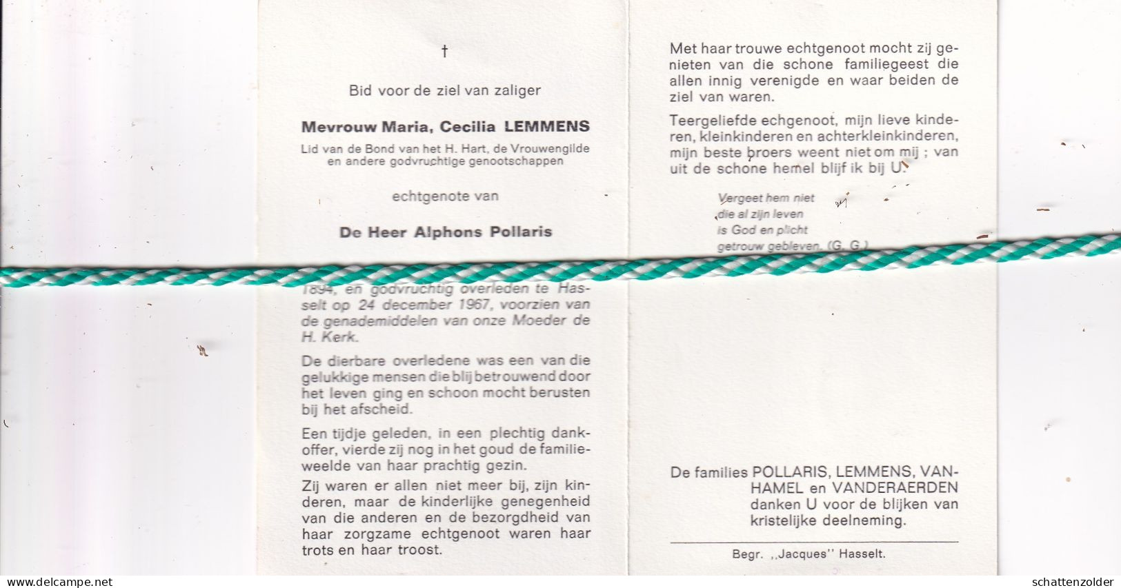 Maria Cecilia Lemmens-Pollaris, Lummen 1894, Hasselt 1967 - Obituary Notices