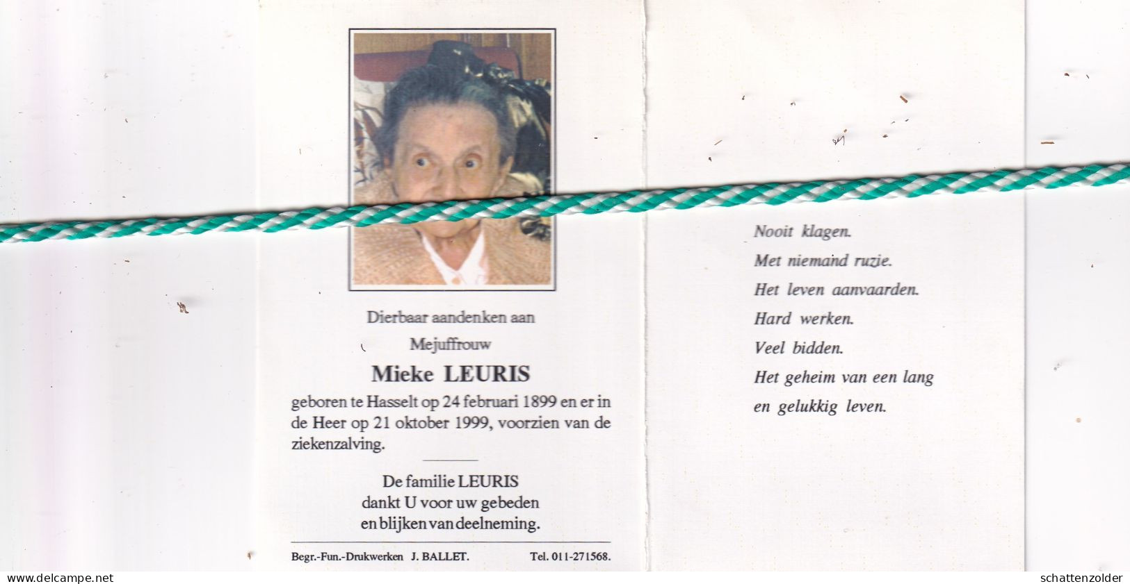 Mieke Leuris, Hasselt 1899, 1999. Honderdjarige. Foto - Décès