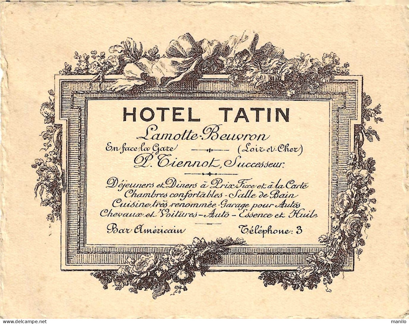 Carte Publicitaire HOTEL TATIN - LAMOTTE-BEUVRON ( L&C) P.TIENNOT Successeur - Décor ART NOUVEAU Lithographié - Advertising