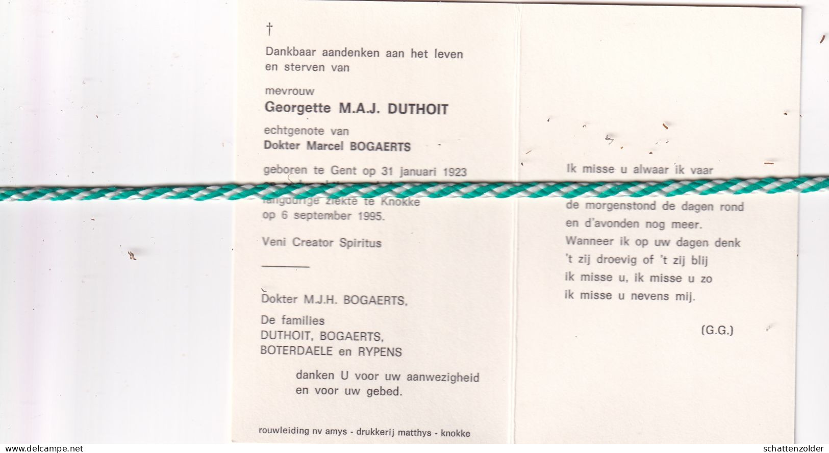 Georgette Duthoit-Bogaerts, Gent 1923, Knokke 1995 - Décès