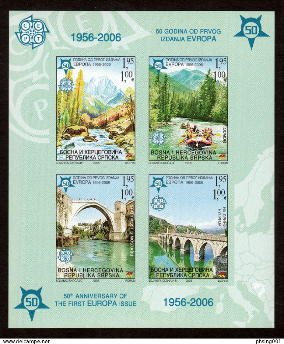 Bosnia Serbia 2005 50 Years Anniversary Europa CEPT Bridges Rafting Nature Rivers IMPERFORATED Block Souvenir Sheet MNH - Bosnië En Herzegovina