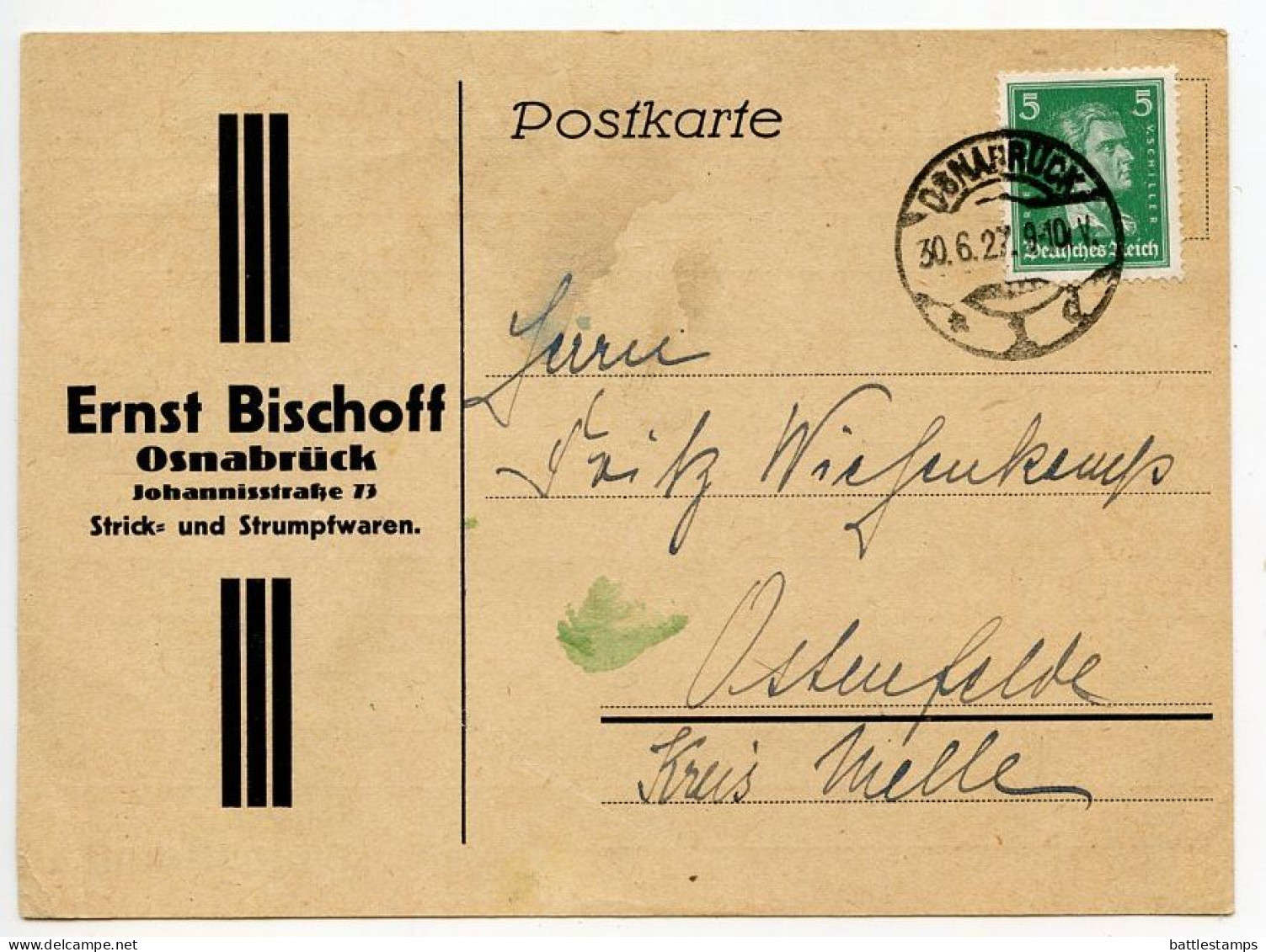 Germany 1927 Postcard; Osnabrück - Ernst Bischoff, Strick Und Strumpfwaren To Ostenfelde; 5pf. Friedrich Von Schiller - Cartas & Documentos