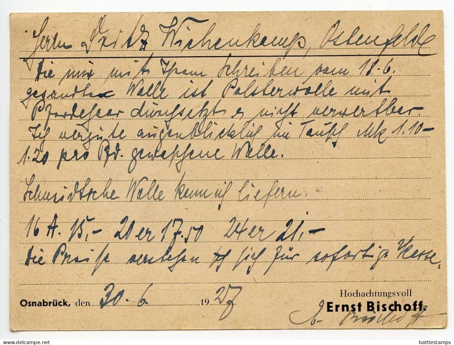 Germany 1927 Postcard; Osnabrück - Ernst Bischoff, Strick Und Strumpfwaren To Ostenfelde; 5pf. Friedrich Von Schiller - Brieven En Documenten