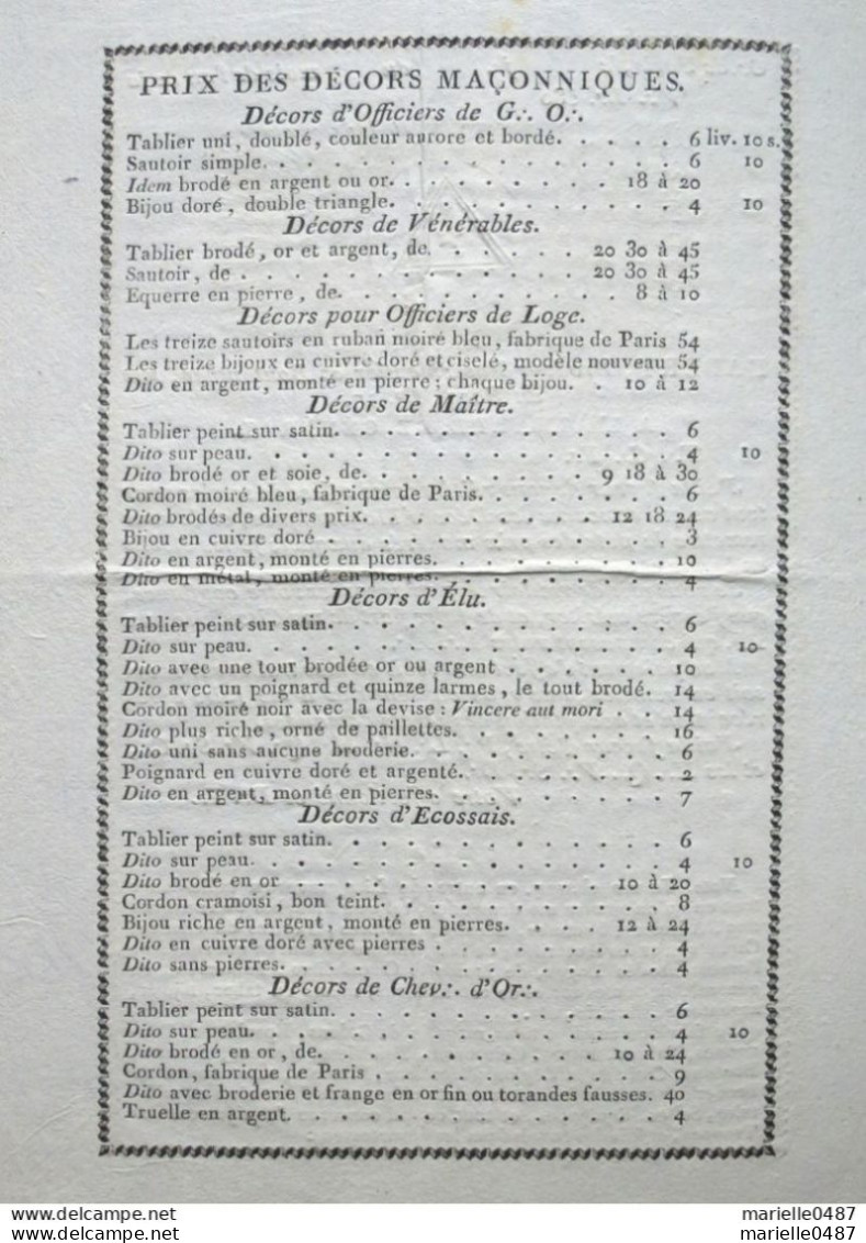 Tarif Pour Les Décors Maçonniques. Habert, Paris, 1808 - 1701-1800