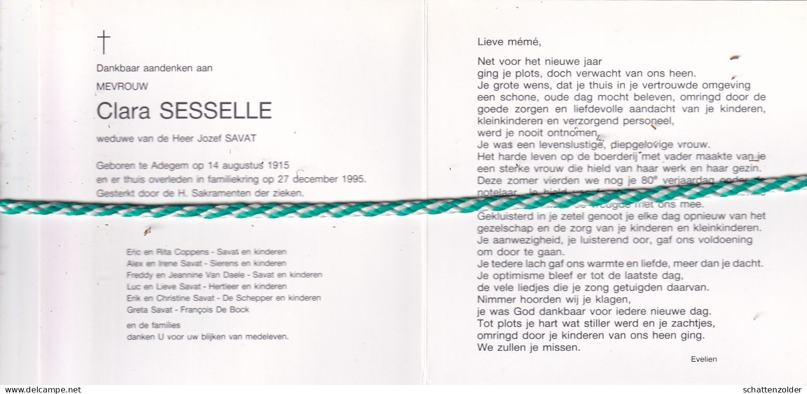 Clara Sesselle-Savat, Adegem 1915, 1995. Foto - Obituary Notices
