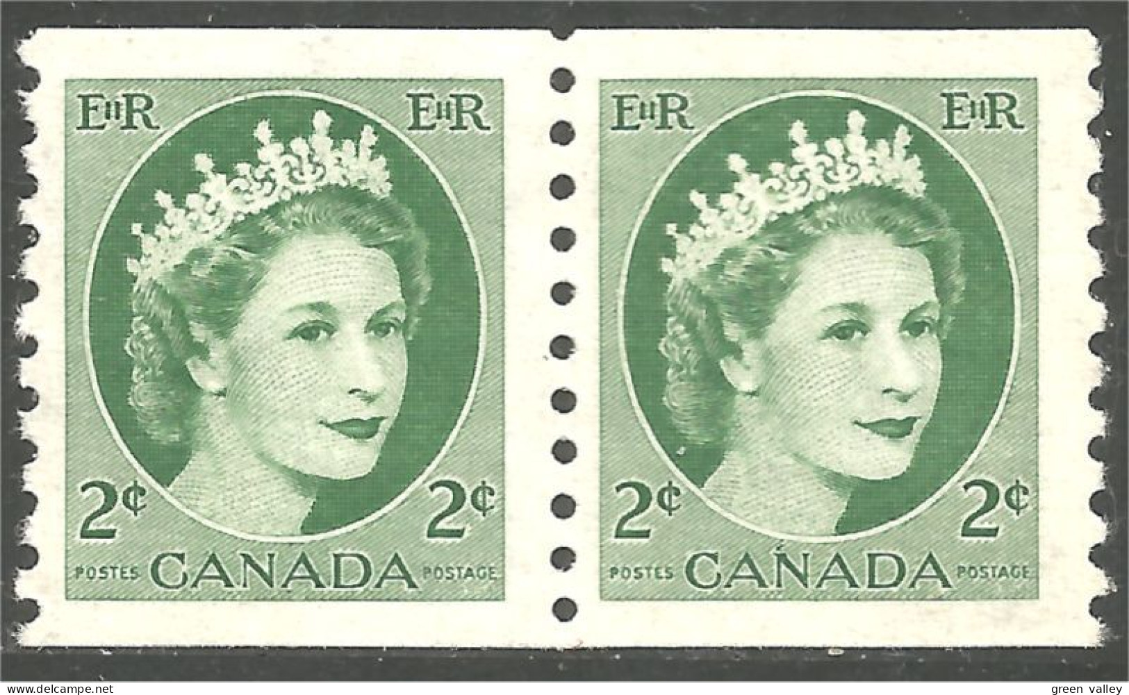 951 Canada 1954 #345 Queen Elizabeth Wilding Portrait 2c Vert Green Roulette Coil PAIR **/* (460) - Nuevos
