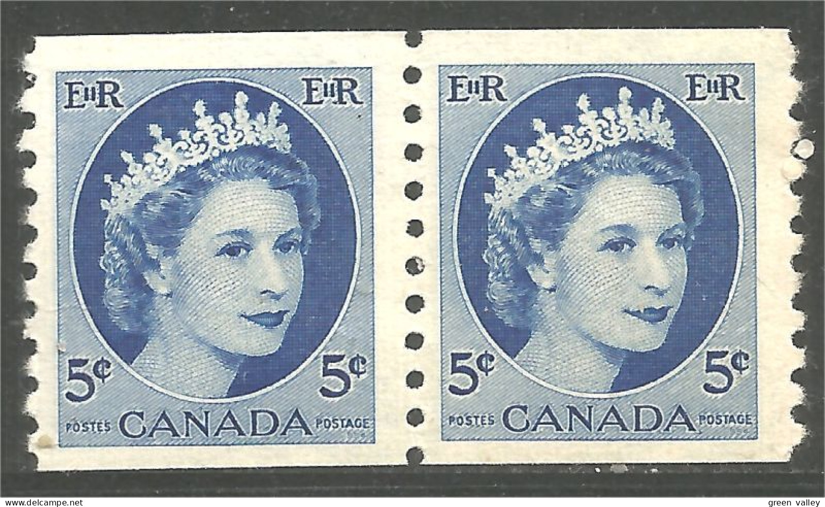 951 Canada 1954 #347 Queen Elizabeth Wilding Portrait 5c Blue Bleu Roulette Coil PAIR **/* (462) - Nuovi