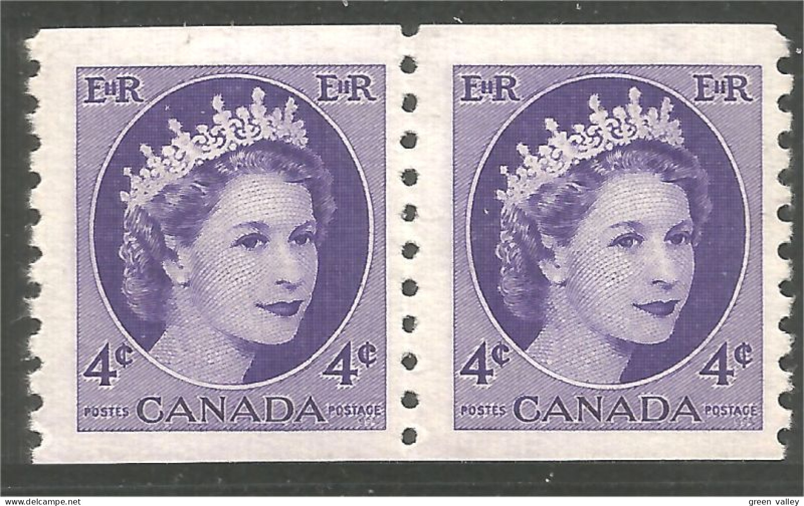 951 Canada 1954 #346 Queen Elizabeth Wilding Portrait 4c Violet Roulette Coil PAIR **/* (461) - Nuovi