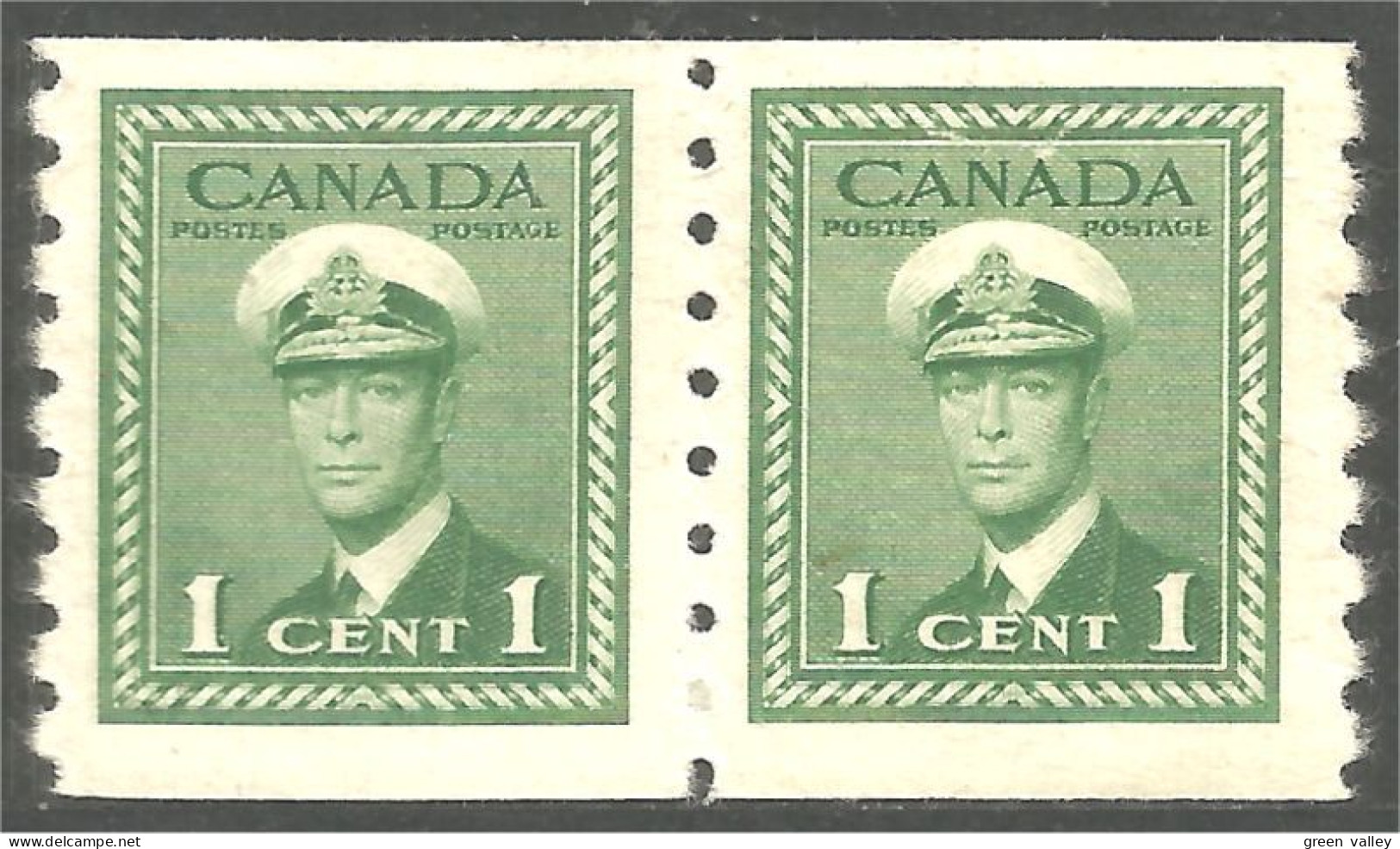 951 Canada 1942 #263 Roi King George VI 1c Vert Green War Issue Roulette Coil PAIR MH * Neuf (452b) - Ungebraucht
