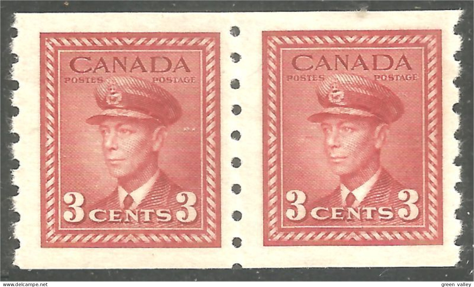 951 Canada 1942 #264 Roi King George VI 3c Carmine War Issue Roulette Coil PAIR MH * Neuf (454) - Unused Stamps