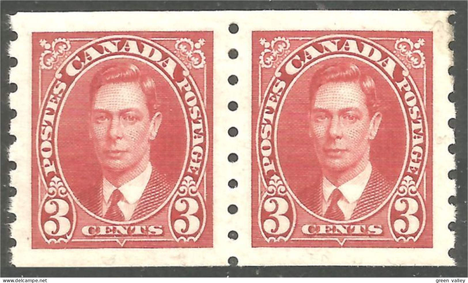 951 Canada 1937 #240 Roi King George VI 3c Carmine Roulette Coil PAIR MH * Neuf CV $25.00 VF (447) - Ungebraucht