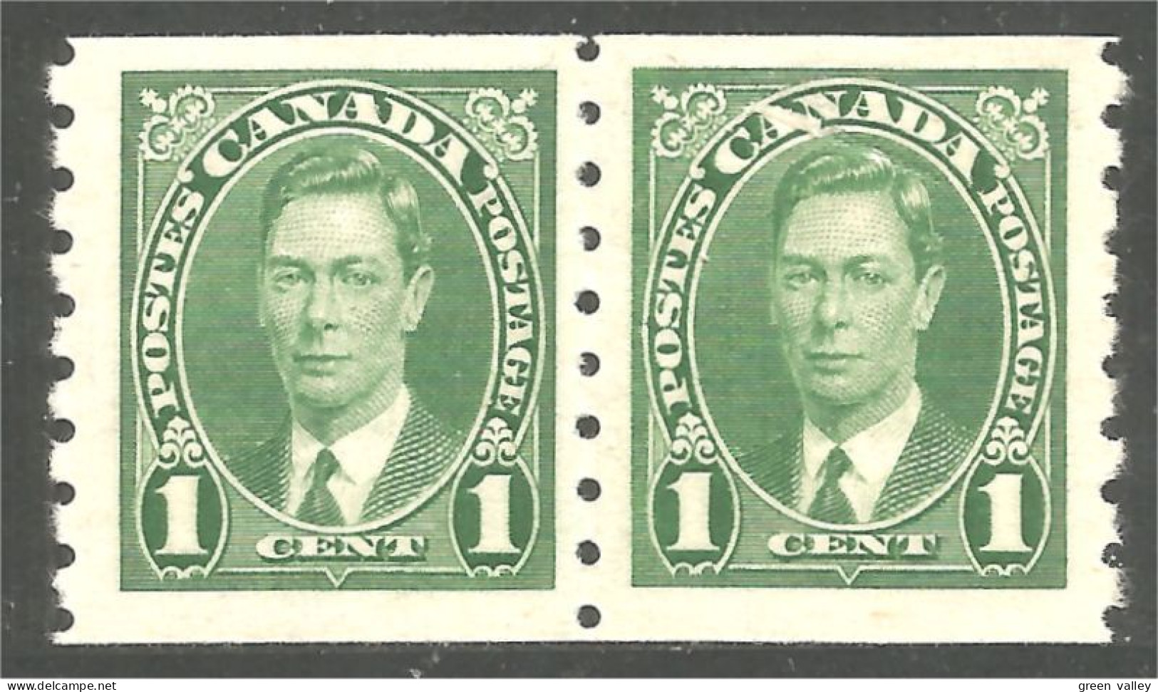 951 Canada 1937 #238 Roi King George VI 1c Vert Green Roulette Coil PAIR MH * Neuf (444) - Nuevos