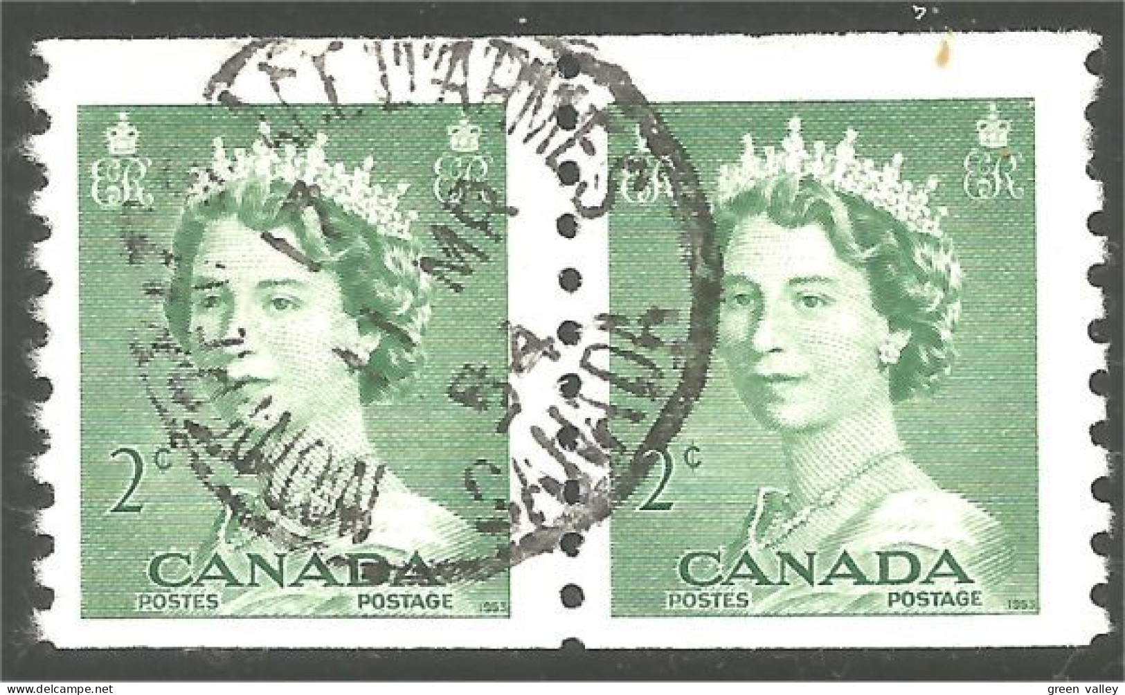 951 Canada 1953 Queen Elizabeth Karsh Portrait 2c Green Roulette Coil TB-VF (366) - Used Stamps