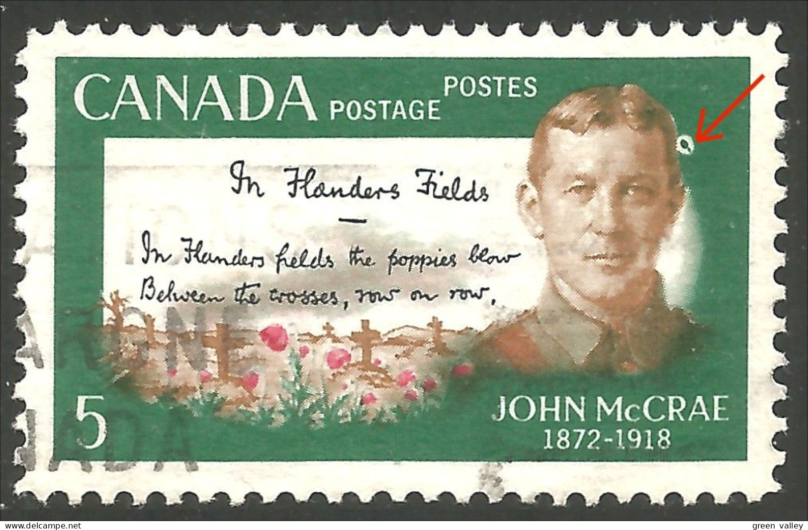 951 Canada 1968 John McCrae WWI Flanders Fields Flandres PRINTING ERROR (338) - Guerre Mondiale (Première)