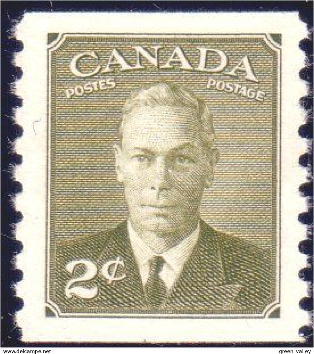 951 Canada 1951 George VI POSTES-POSTAGE 2c Vert Olive Green Coil Roulette Perf 9.5 MNH ** Neuf SC (175) - Neufs