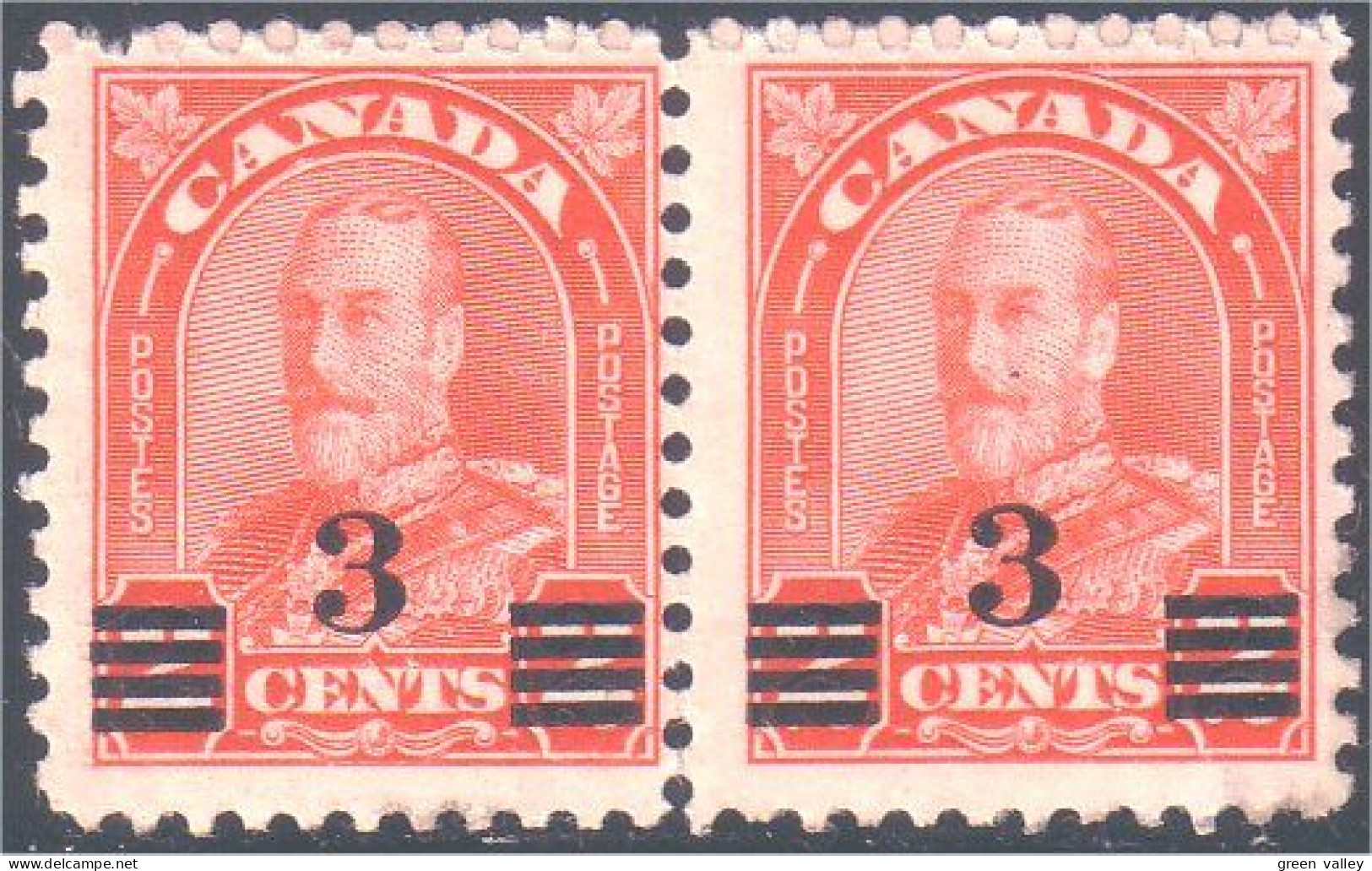 951 Canada 1932 George V Arch Leaf Issue 2c Red Rouge Surcharge 3c Paire Small Fault MNH ** Neuf SC (64) - Nuevos