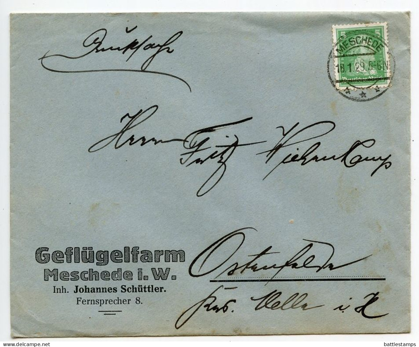 Germany 1929 Cover; Meschede - Johannes Schüttler, Geflügelfarm To Ostenfelde; 5pf. Friedrich Von Schiller - Storia Postale