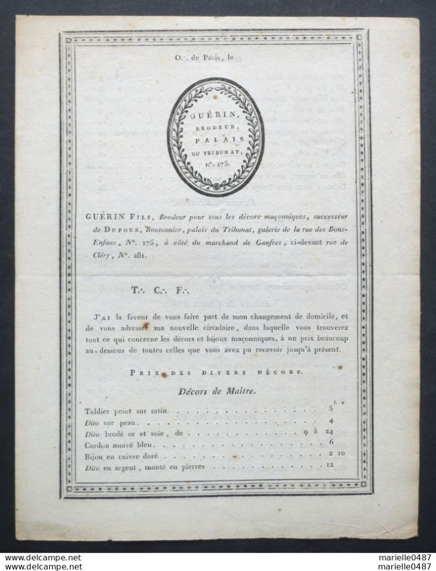 Tarif Pour Les Décors Maçonniques. Guérin, Paris, 1810 - 1701-1800