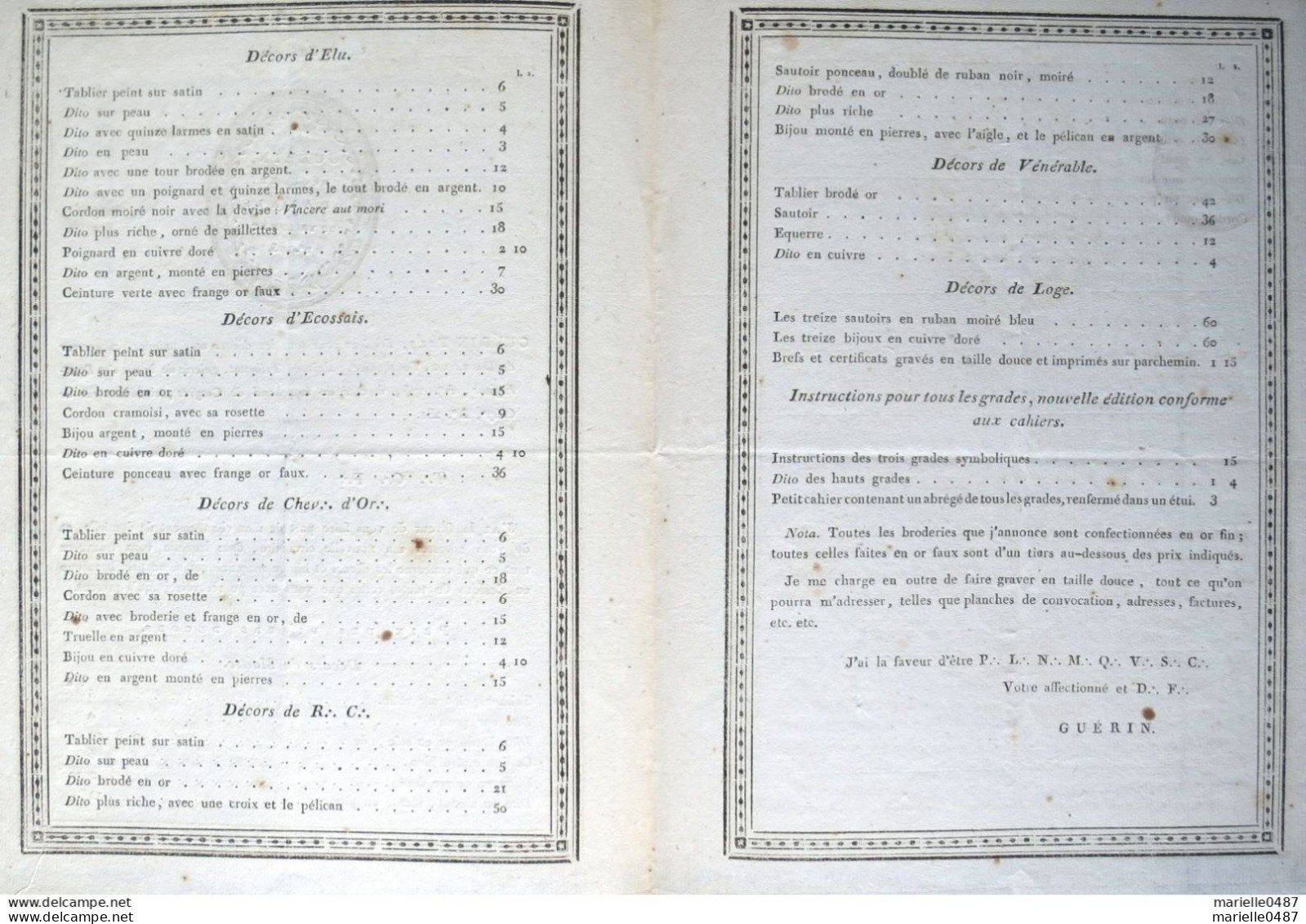 Tarif Pour Les Décors Maçonniques. Guérin, Paris, 1810 - 1701-1800