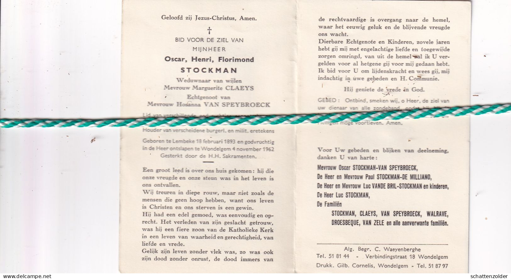 Oscar Henri Florimond Stockman-Claeys-Van Speybroeck, Lembeke 1893, Wondelgem 1962. Oud-strijder 14-18 - Obituary Notices
