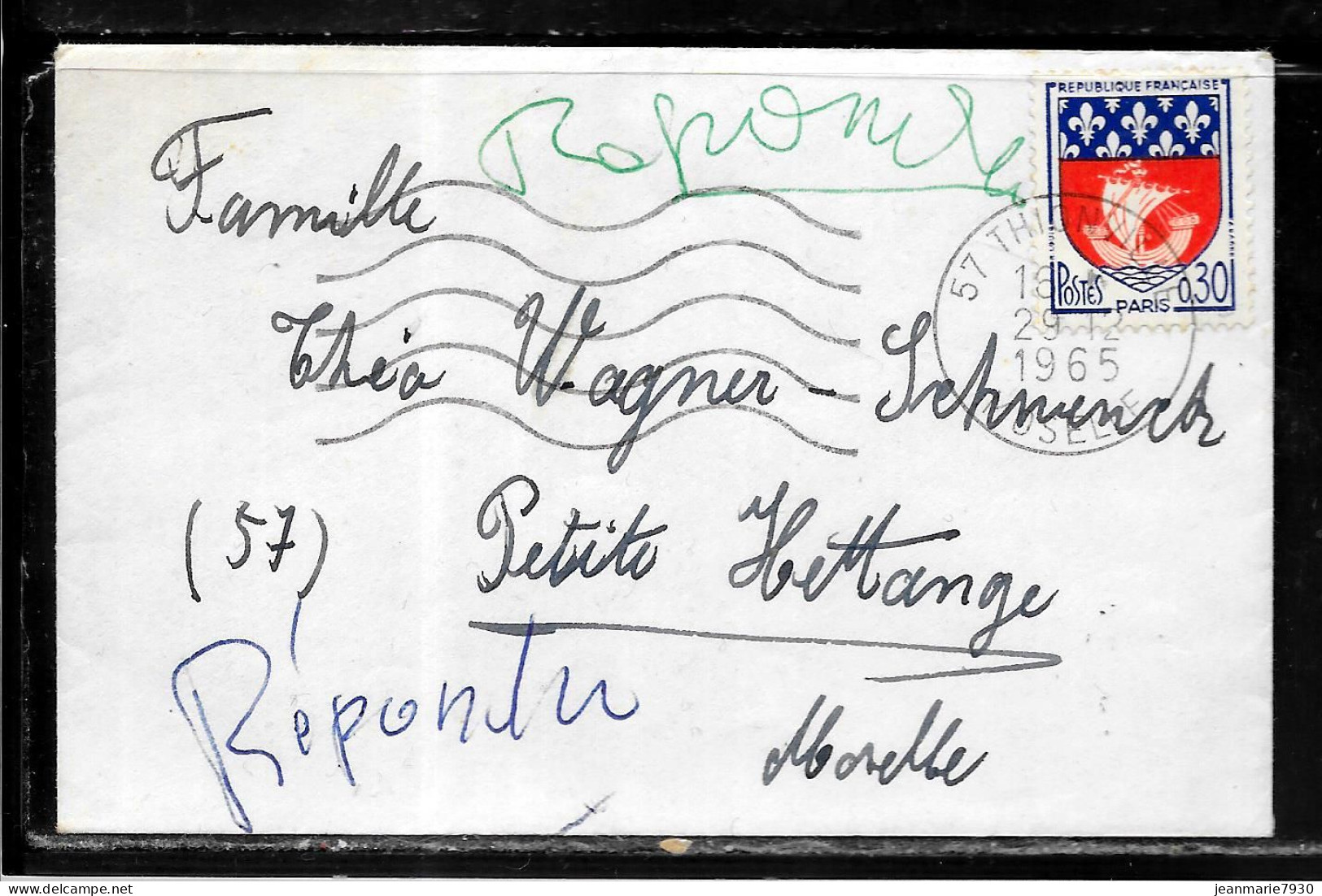 K196 - BLASON DE PARIS SUR LETTRE MIGNONETTE  DE THIONVILLE DU 29/12/65 - 1961-....