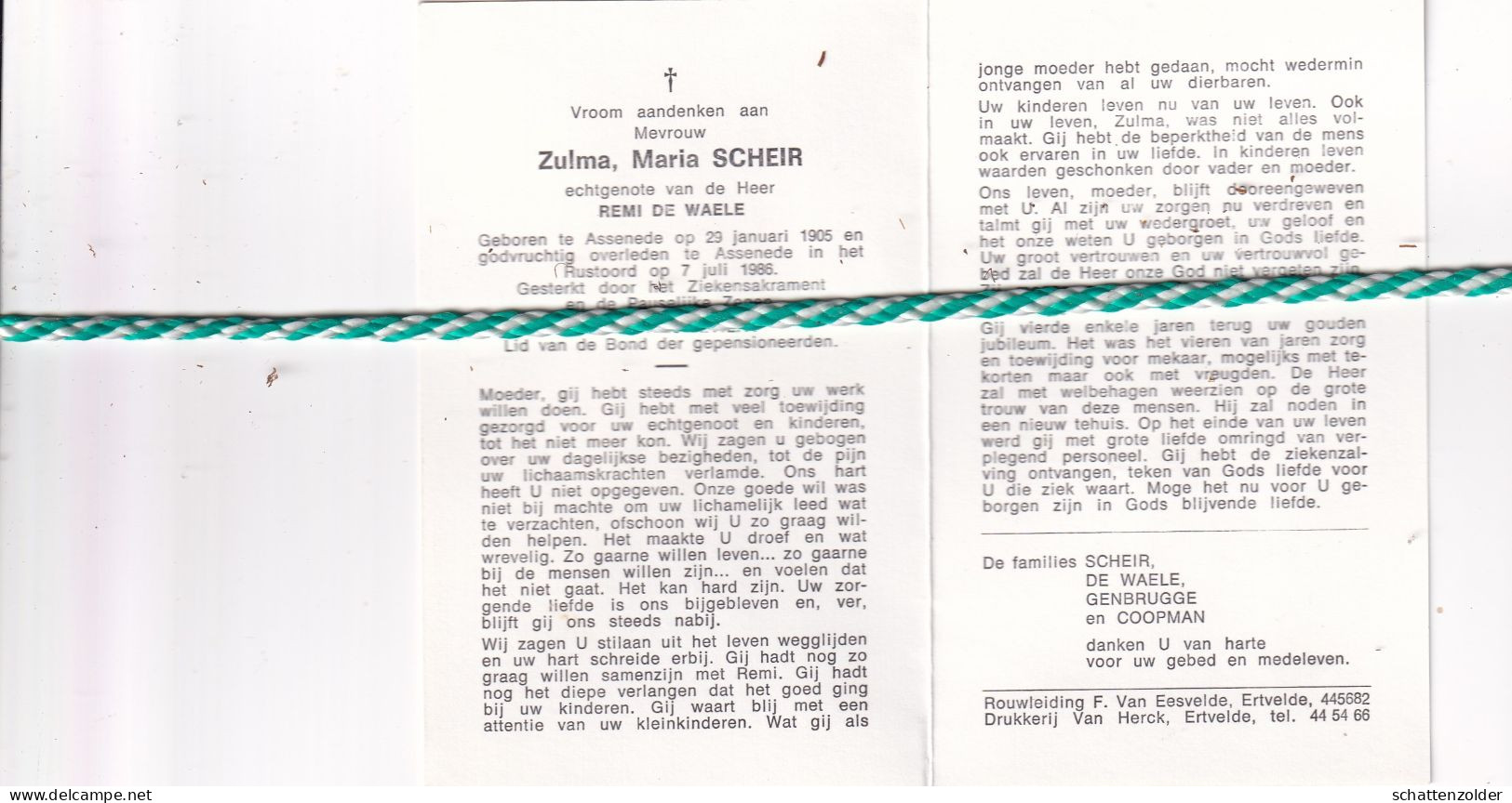 Zulma Maria Scheir-De Waelen Assenede 1905, 1986 - Obituary Notices