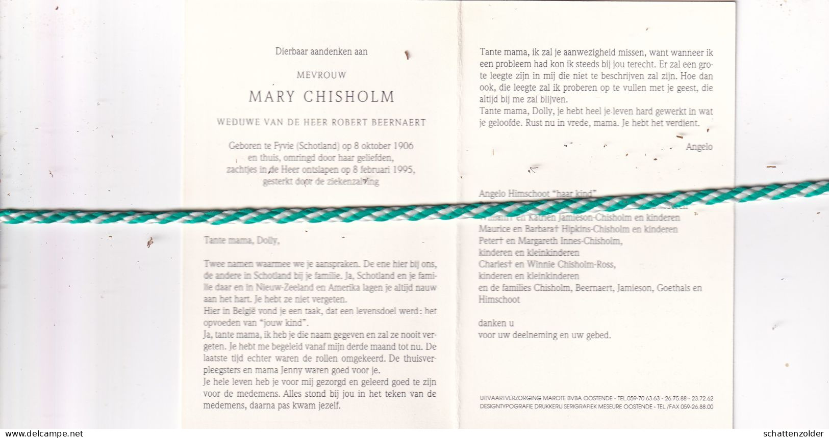 Marie Chisholm-Beernaert, Fyvie (Schotland) 1906, 1995. Foto - Overlijden