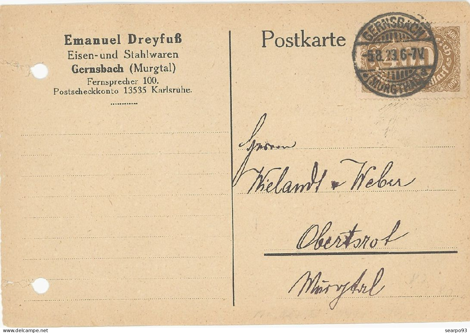 GERMANY. CARD FROM GERNSBACH TO OBERTSROT. 1923 - Brieven En Documenten